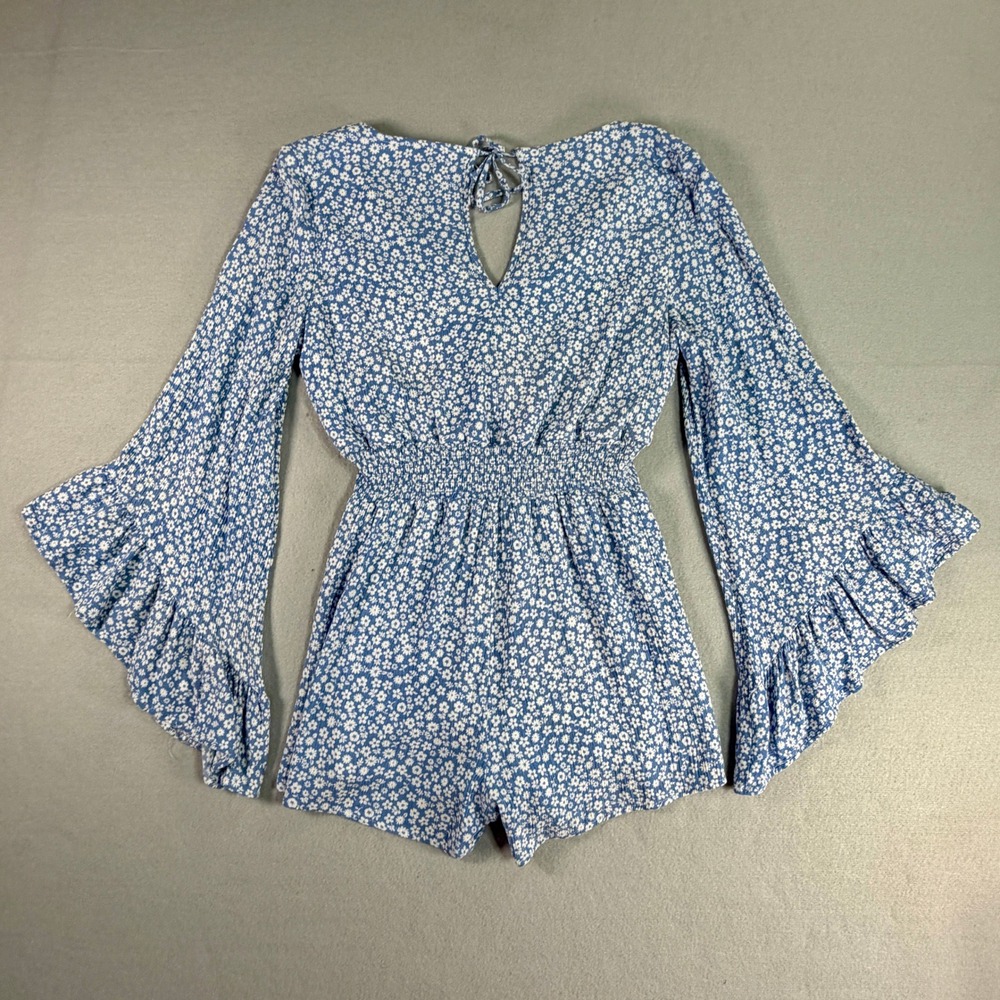 Pink Lily Blue Floral Bell Sleeve Smocked Romper Medium Boho Cottagecore Casual - Picture 2 of 6
